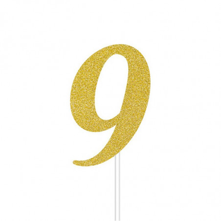 Décors Gateau sur Pique Chiffre Neuf "9" Glitter Doré Fête d'Anniversaire enfant Décors Gateau sur Pique Chiffre Neuf "9" Glitter Doré Fête d'Anniversaire enfant