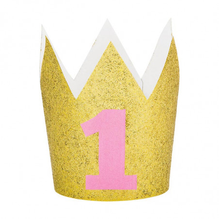 Couronne Glitter Doré Premier Anniversaire Rose