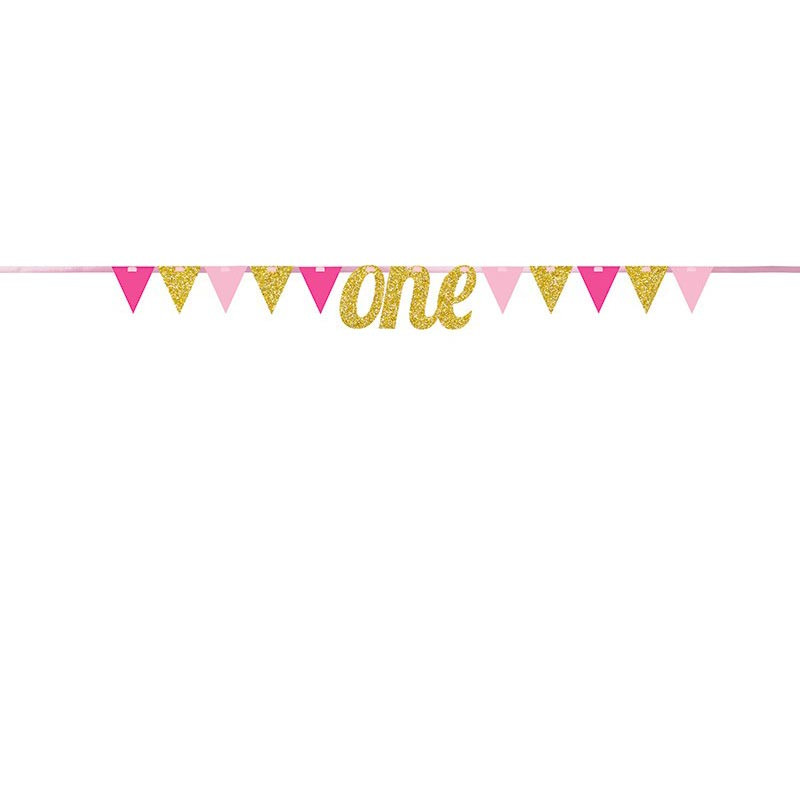 Banderole Glitter Fanions "One" Rose Chiffre 1 An Fête d'Anniversaire enfant
