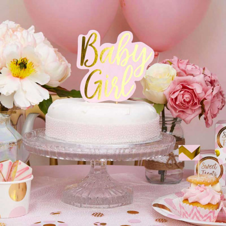 Baby Girl Décoration Pique pour gateau en Rose et Doré