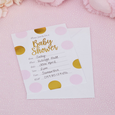 10 Invitations Baby Shower Princesse en rose et doré