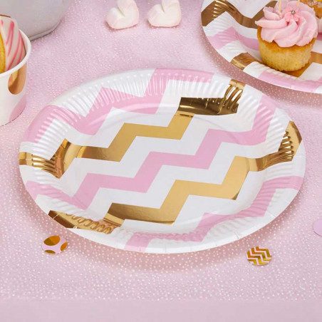 Grandes Assiettes Premium Chevron Rose et Doré