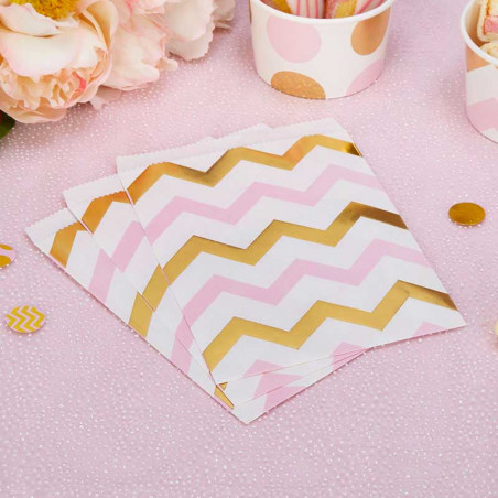 25 Sachets cadeaux rétro Premium Chevron Rose et Doré