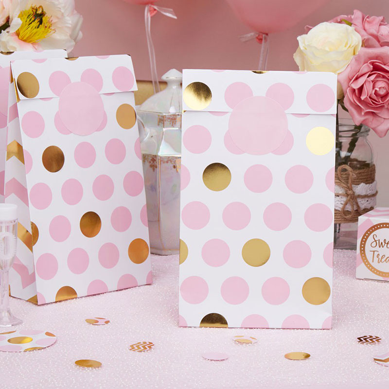5 Sacs Rigides pour cadeaux invité Premium Pois Rose et Doré