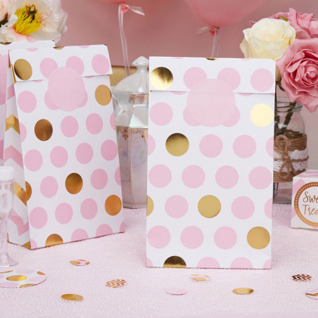 5 Sacs Rigides pour cadeaux invité Premium Pois Rose et Doré