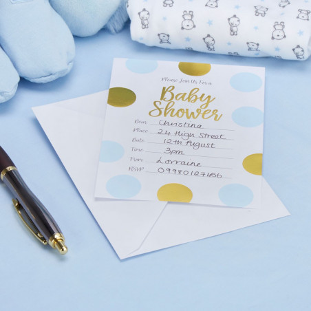 10 Invitations Baby Shower Petit Prince en bleu clair et doré
