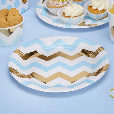 Grandes Assiettes Premium Chevron Bleu et Doré