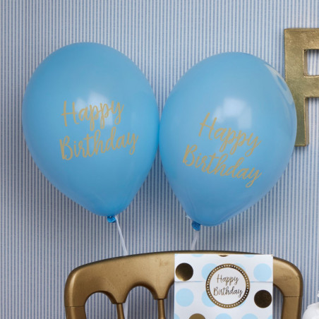 8 Ballons Latex Happy Birthday Petit Prince Bleu et Doré