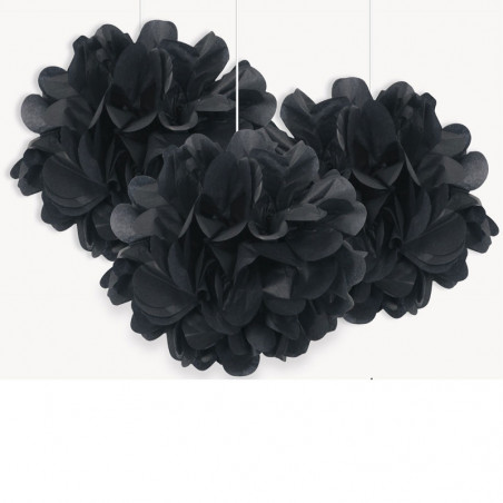 3 Petits Pompons Noir Papier de Soie 23 cm Décoration de Fête