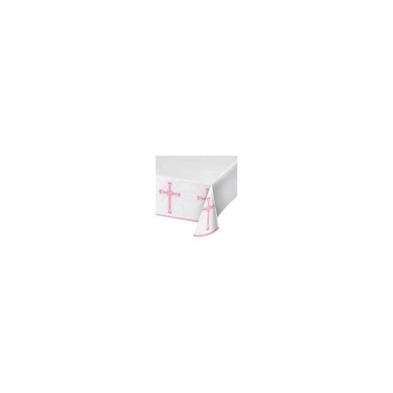 nappe rectangulaire en plastique rose fille communion avec croix