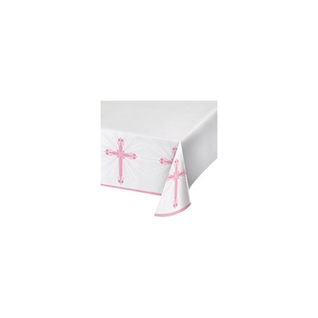 Nappe rectangulaire en plastique rose Baptême Communion Croix 