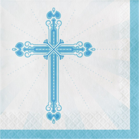 Grandes Serviettes Bleues en Papier Croix Baptême et Communion Garçon