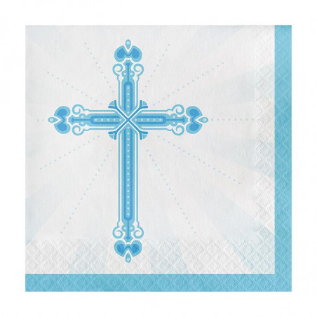 Grandes Serviettes Bleues en Papier Croix Baptême et Communion Garçon