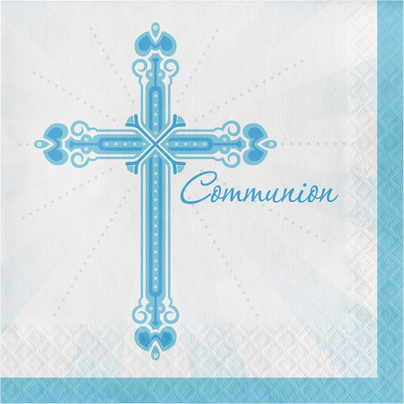 Grandes Serviettes Bleues en Papier Croix Communion Garçon