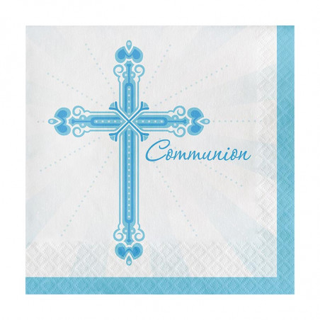 Grandes Serviettes Bleues en Papier Croix Communion Garçon