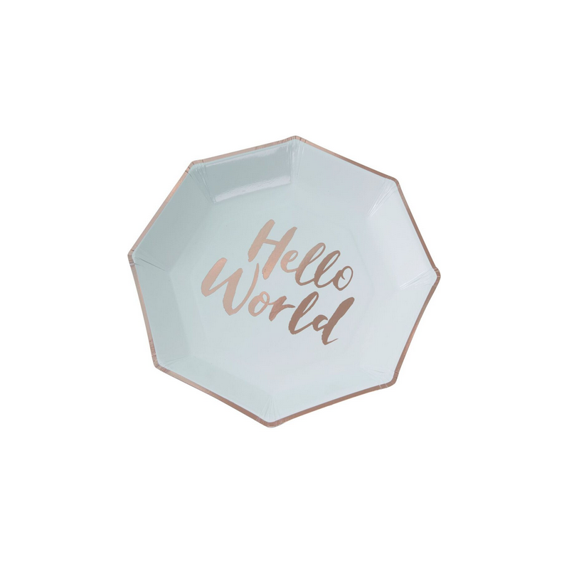 Grandes Assiettes Mint et Rose Cuivré Baby Shower Hello World 