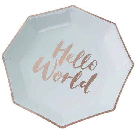 Grandes Assiettes Mint et Rose Cuivré Baby Shower Hello World 