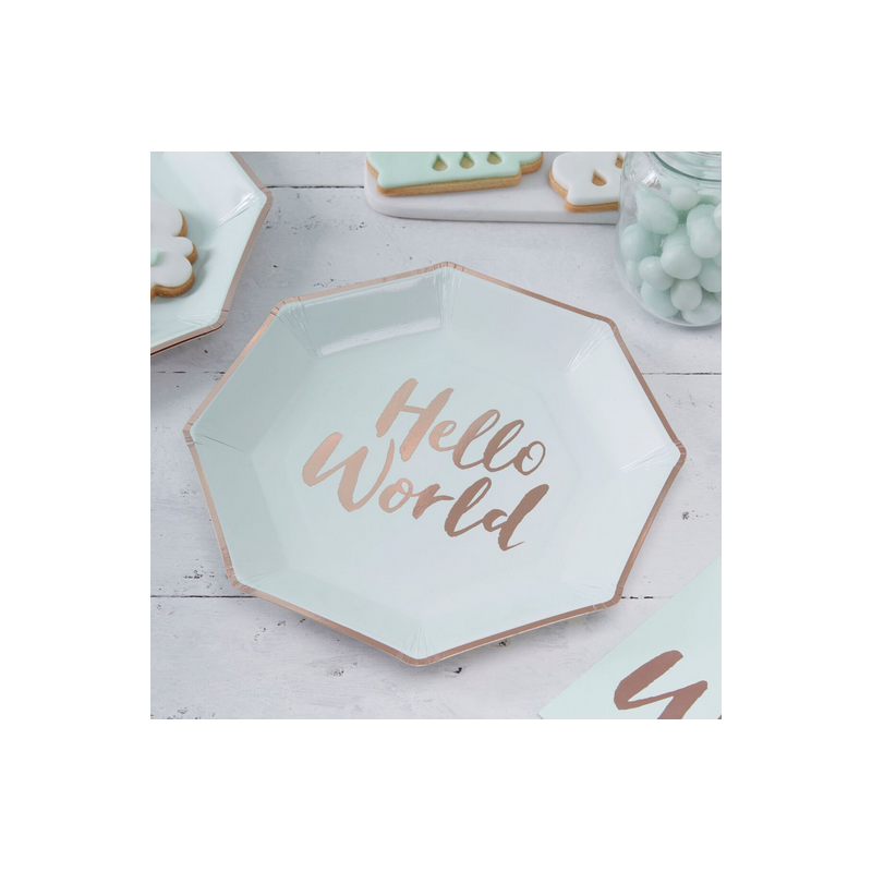 Grandes Assiettes Mint et Rose Cuivré Baby Shower Hello World 