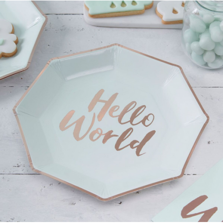 Grandes Assiettes Mint et Rose Cuivré Baby Shower Hello World 