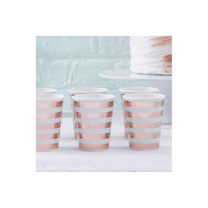 Gobelets Mint et Rose Cuivré Rayé Baby Shower Hello World