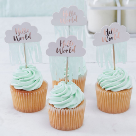 10 Piques Cup Cake Nuages et Pluie Mint Rose Cuivré Baby Shower Hello World 