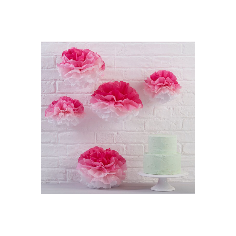 5 Grandes Pompons Rose Dégradé Papier de Soie Rose Décoration de Fête
