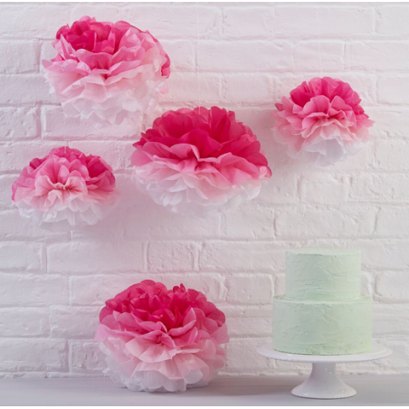 5 Grandes Pompons Rose Dégradé Papier de Soie Rose Décoration de Fête