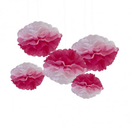 5 Grandes Pompons Rose Dégradé Papier de Soie Rose Décoration de Fête