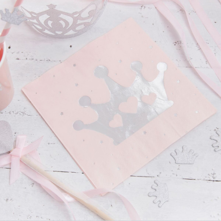 Grandes Serviettes Premium Princesse Diadème Rose et Argent