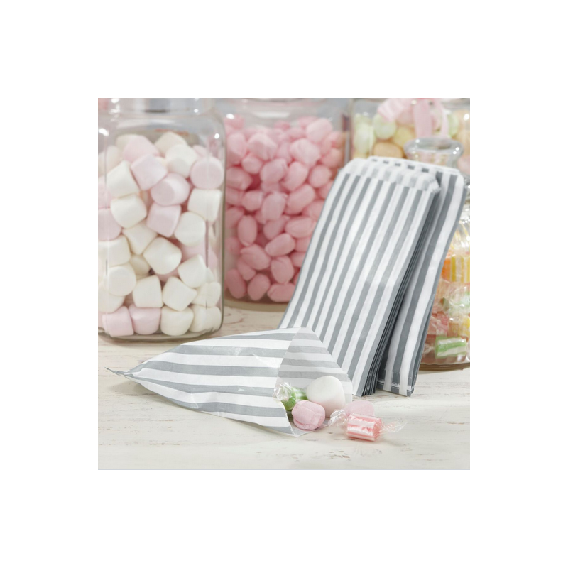 25 Sachets Papier Rayé Argent et Blanc