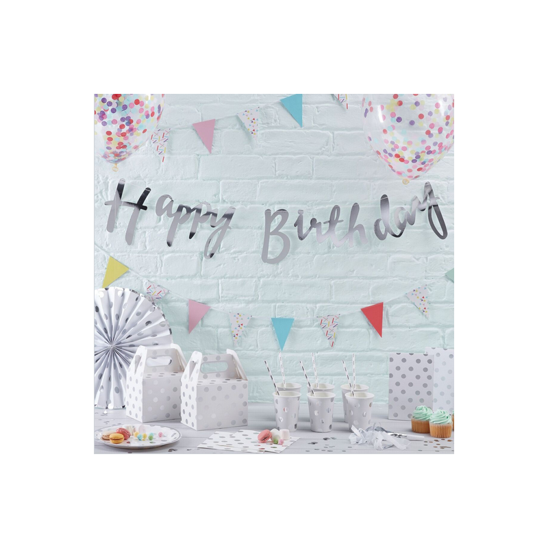 Ballons Happy Birthday Lettres en Banderole Argent Brillant