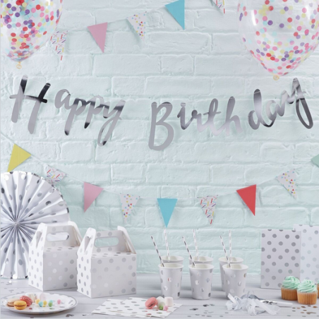 Ballons Happy Birthday Lettres en Banderole Argent Brillant