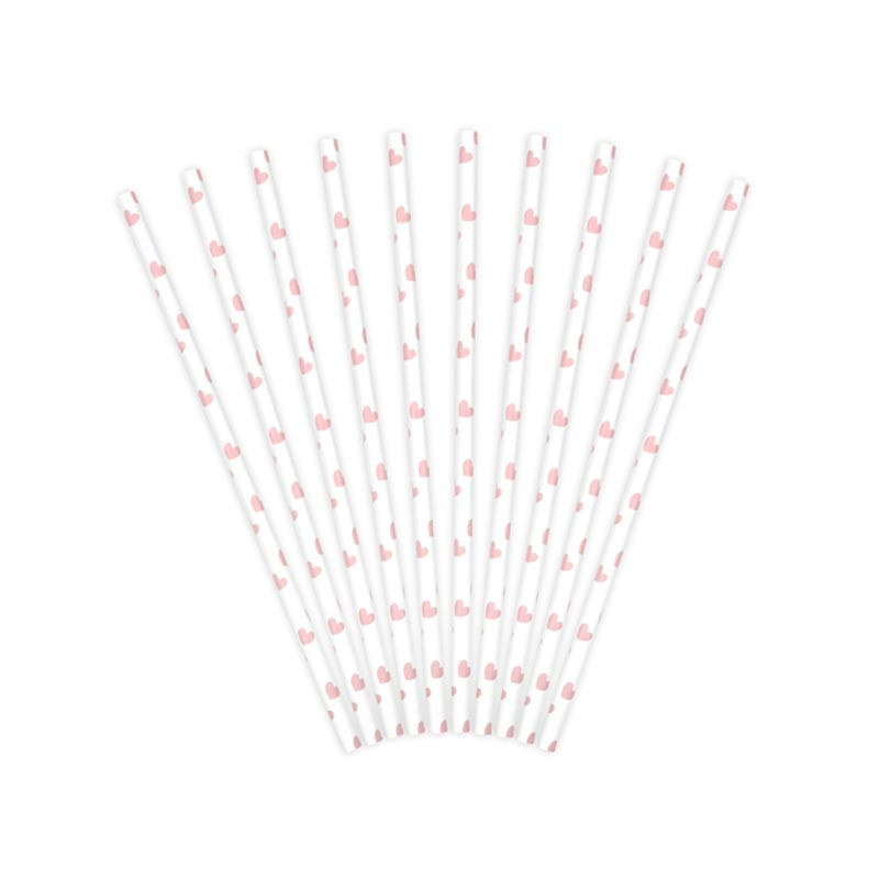 10 Pailles Rétro Petits Coeurs Rose clair