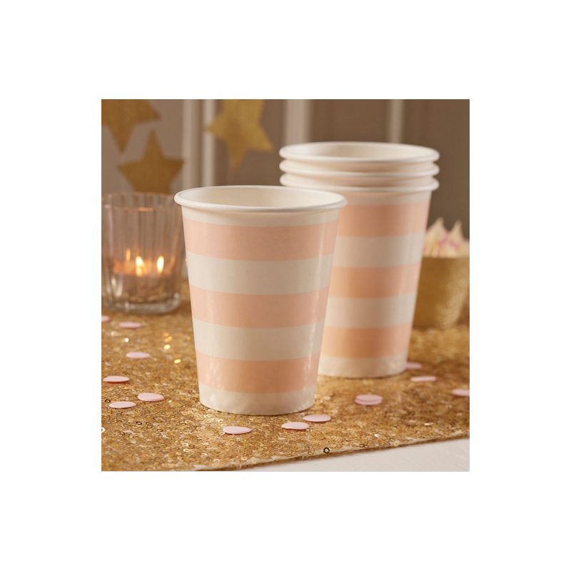 Gobelets Rayés - Rose Poudré et Doré Anniversaire