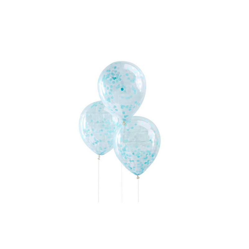 5 Ballons Transparent Latex Confettis Bleu