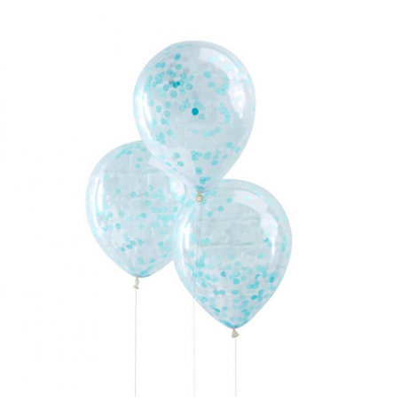 5 Ballons Transparent Latex Confettis Bleu