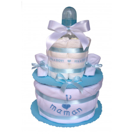 Gâteau de couches bleu J'aime Maman en Pampers