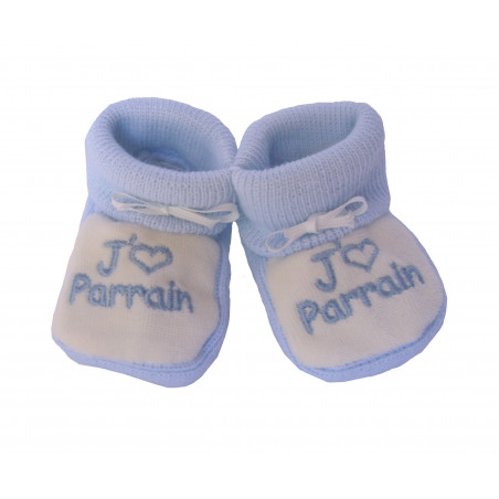 Chaussons bébés bleu et blanc J'aime Parrain