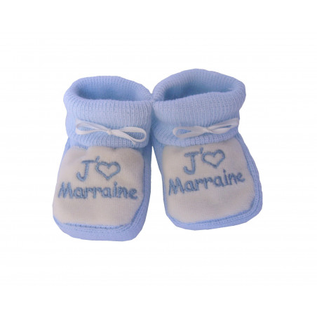 Chaussons bébés bleu et blanc J'aime Marraine