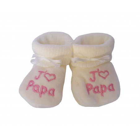 Chaussons bébé beige brodé rose J'aime Papa