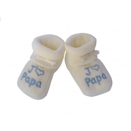 Chaussons bébés beige brodé bleu J'aime Papa