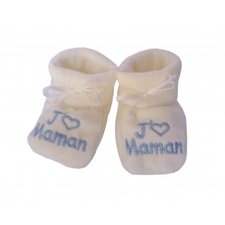 Chaussons bébés beige brodé bleu J'aime Maman