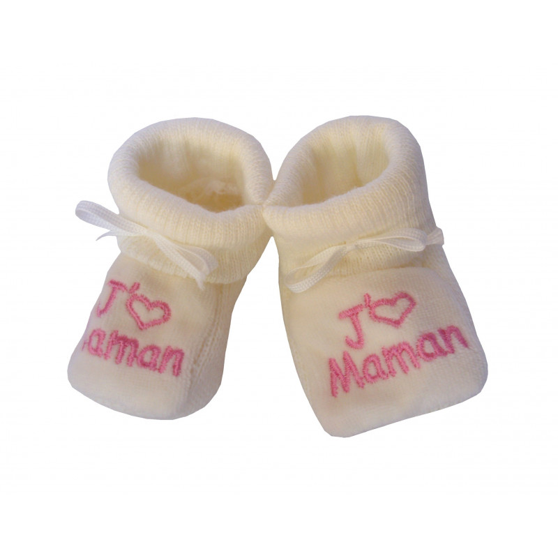 Chaussons bébé beige brodé rose J'aime Maman