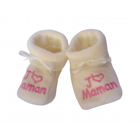 Chaussons bébé beige brodé rose J'aime Maman