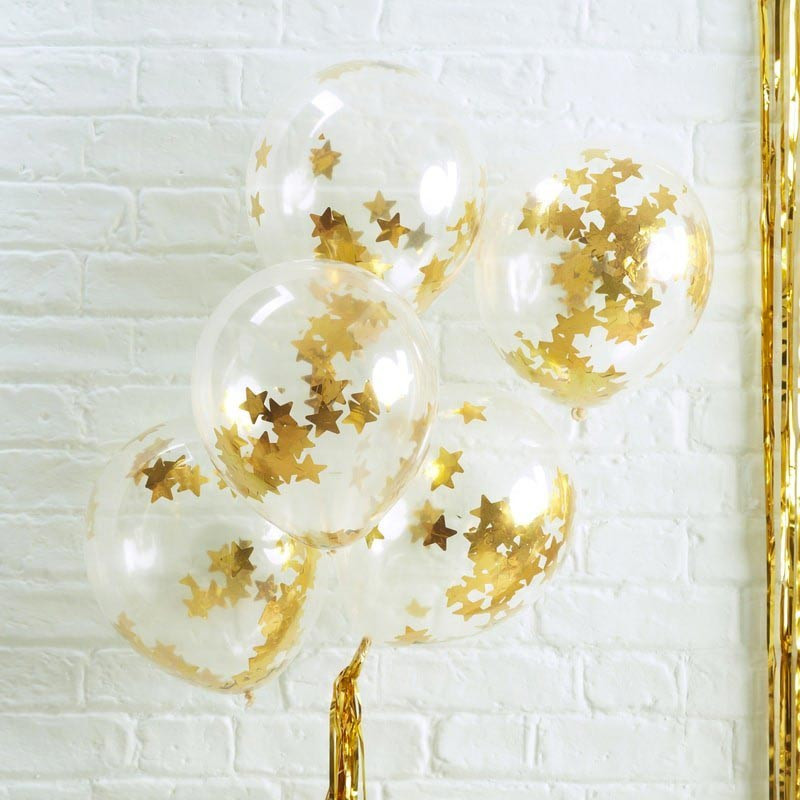 5 Ballons Gonflables Latex Confettis Etoiles Dorées Premium Fête