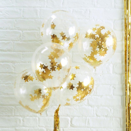 5 Ballons Gonflables Latex Confettis Etoiles Dorées Premium Fête