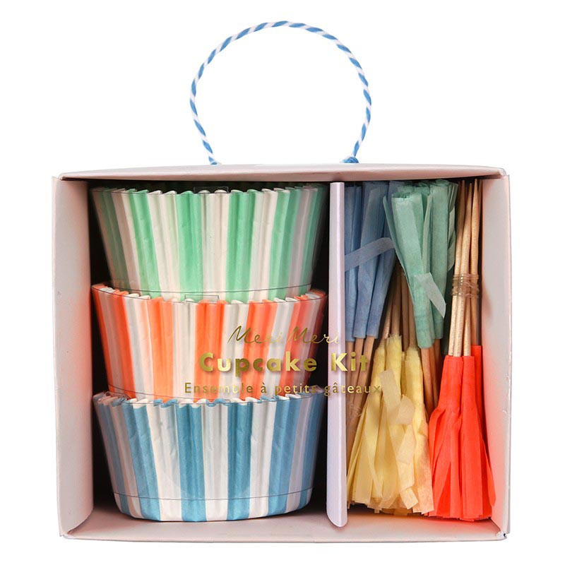 Kit Cup Cake Premium Pastel Rayé Bleu Rose Vert Vaisselle Jetable