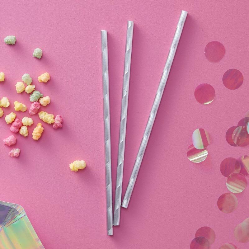 20 Pailles Rétro Gris Holographique Brillant