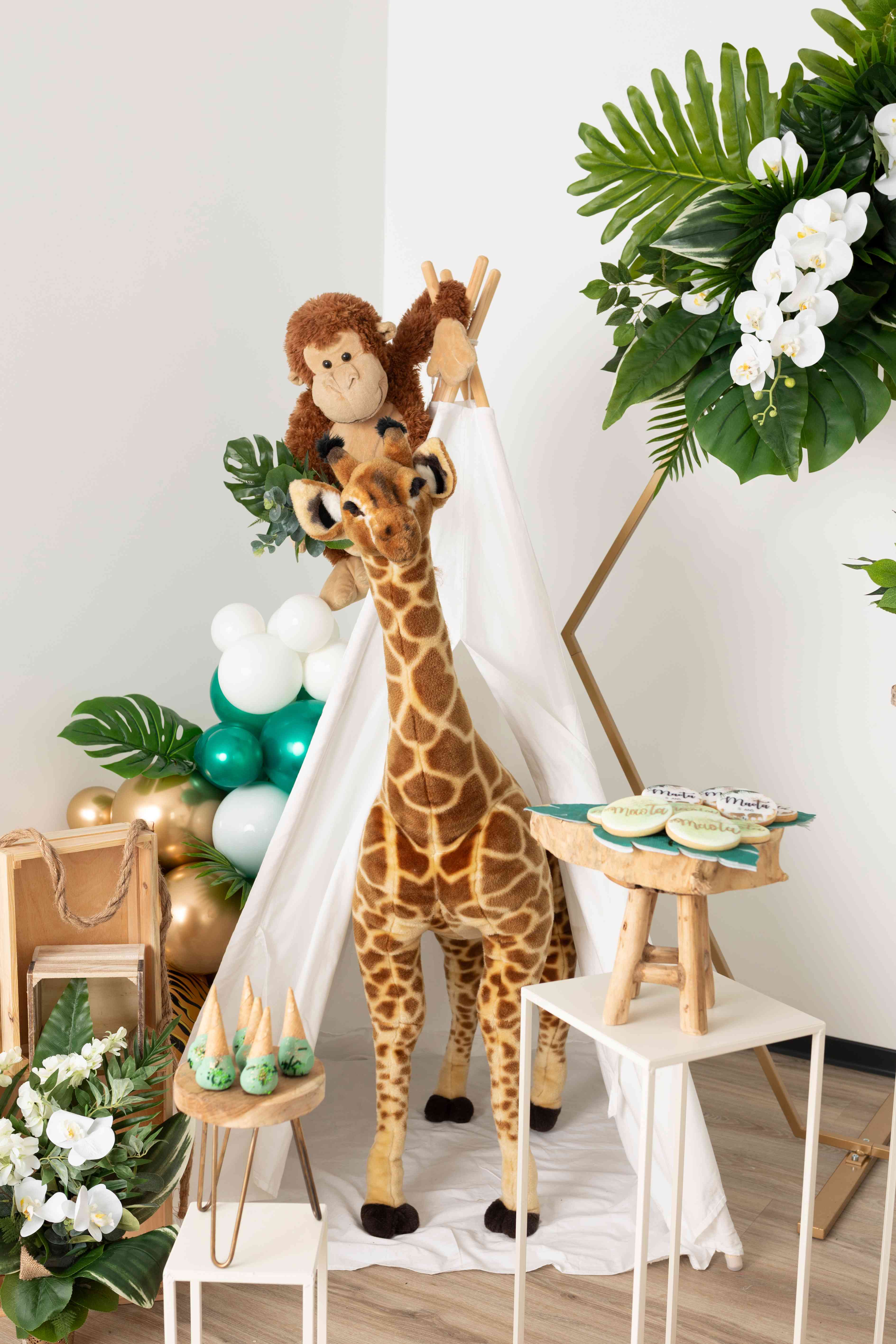 Vaisselle jetable sur le theme Animal sauvage rose avec tour a ballons  animaux pour decorations de fete d'anniversaire de la foret de la Jungle  pour filles