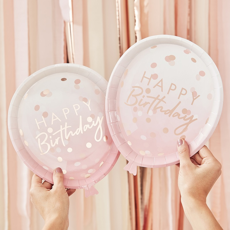 grandes assiettes forme ballons anniversaire rose gold